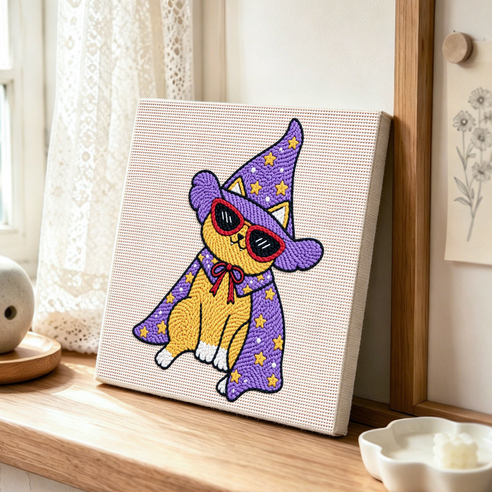 Cool wizard cat punch needle artwork displayed on a table