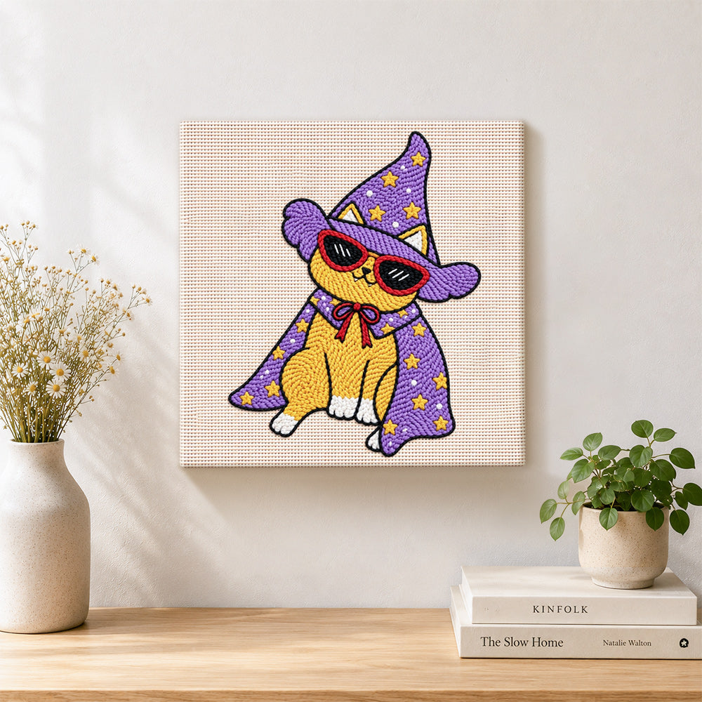 Finished cool wizard cat artwork displayed on a wall