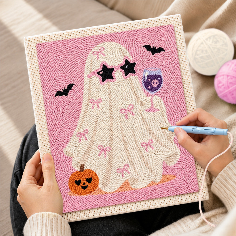 Creating handmade coquette ghost with wine glass punch needle artwork
