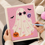 Creating handmade coquette ghost with wine glass punch needle artwork