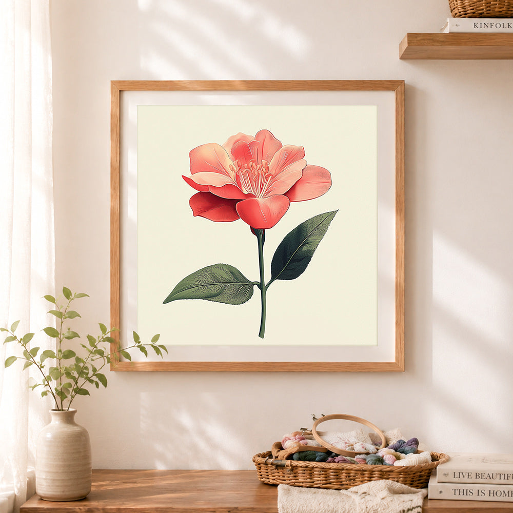 Finished coral camellia botanical art cross stitch artwork displayed as home decor