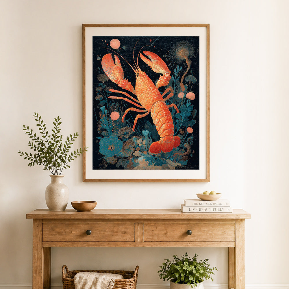 Finished coral lobster art cross stitch artwork displayed as home decor