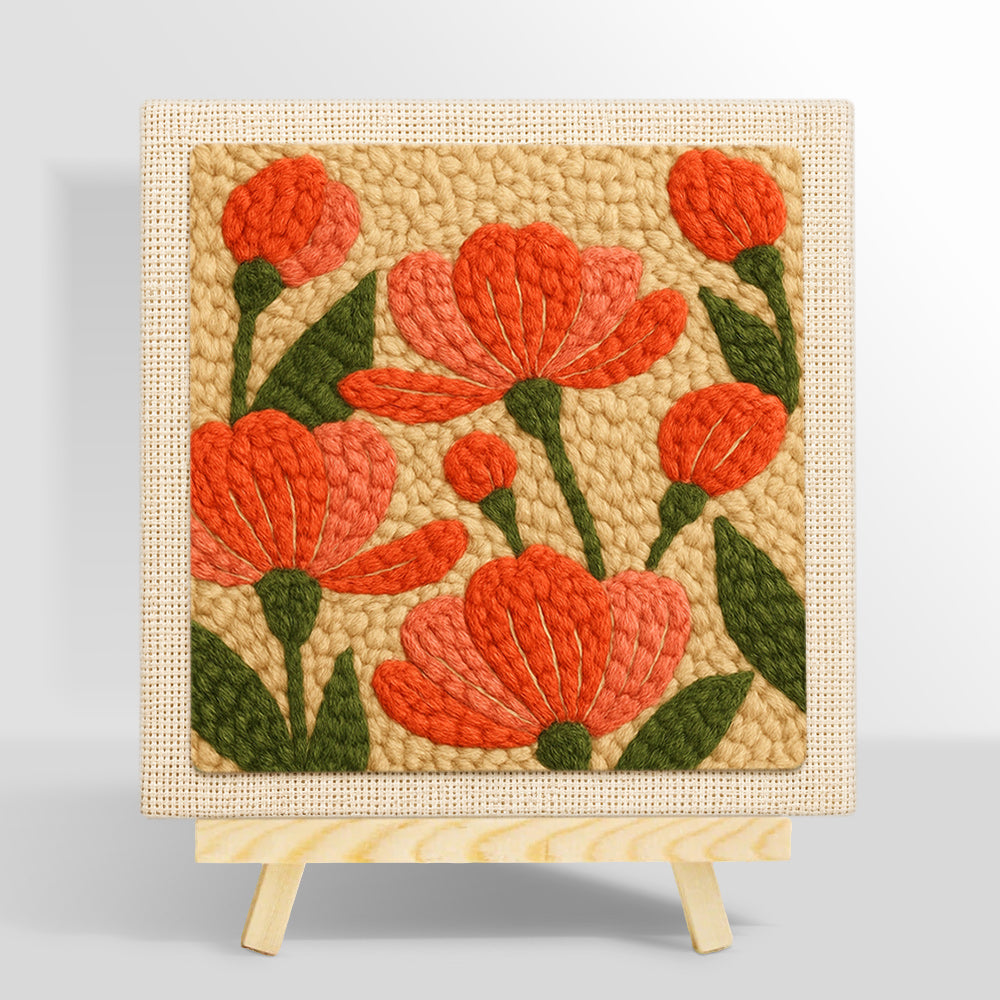 Coral pink flowers punch needle kit for beginners