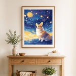 Finished corgi gazing at constellations cross stitch artwork displayed as home decor