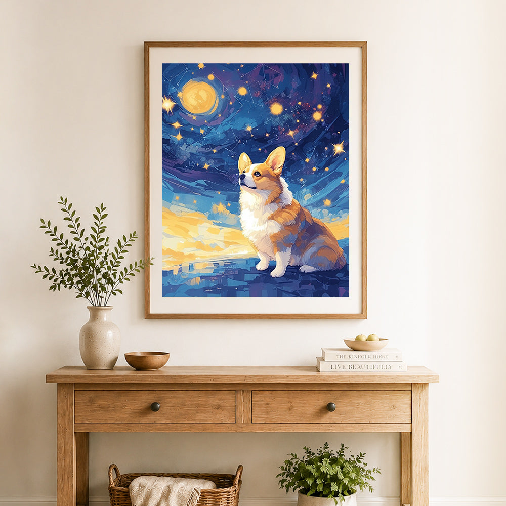 Finished corgi gazing at constellations cross stitch artwork displayed as home decor