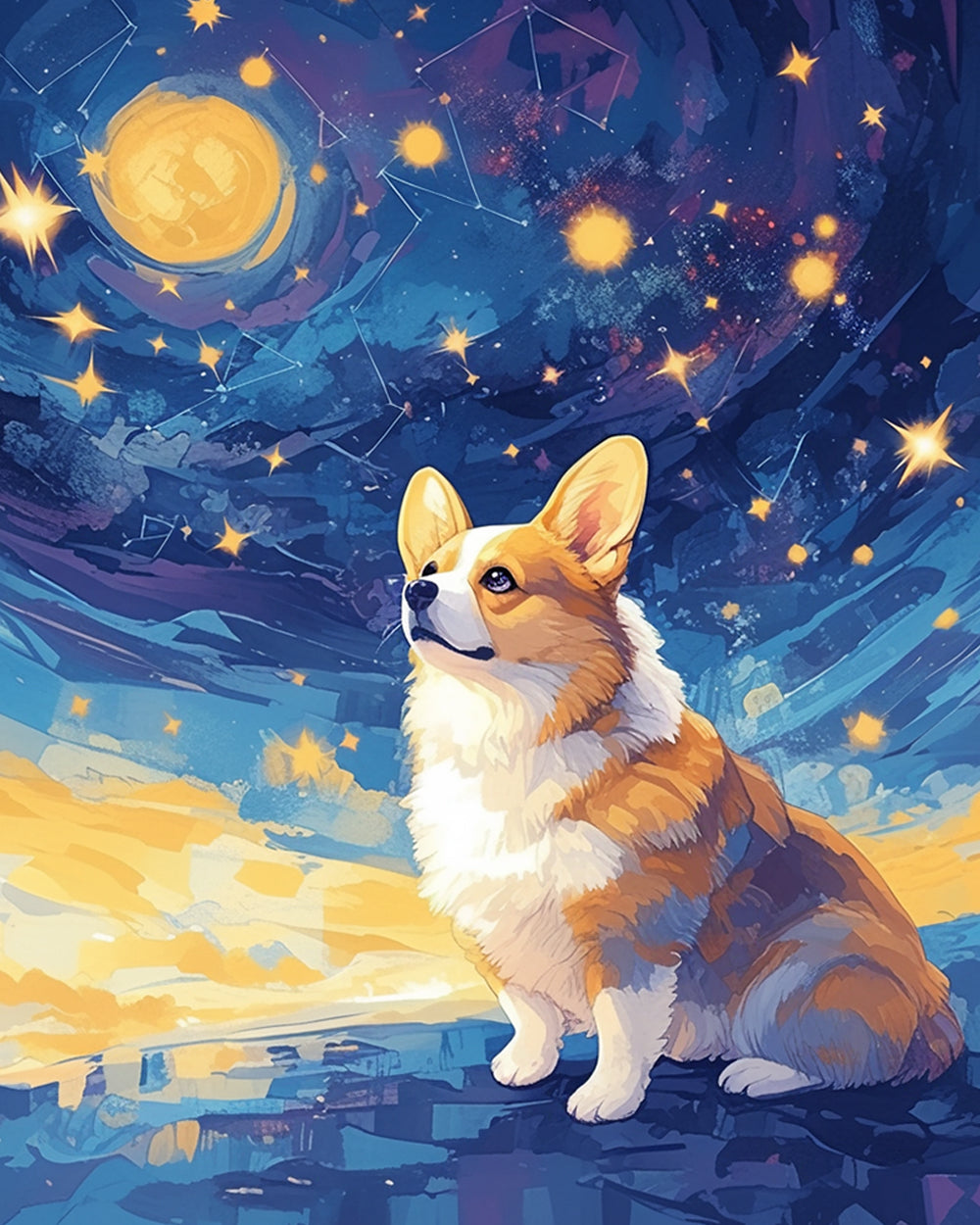 Corgi gazing at constellations cross stitch kit for beginners