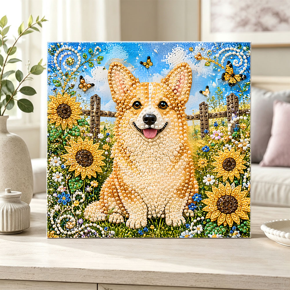 Finished corgi in sunflower field pearl diamond painting artwork displayed as home decor