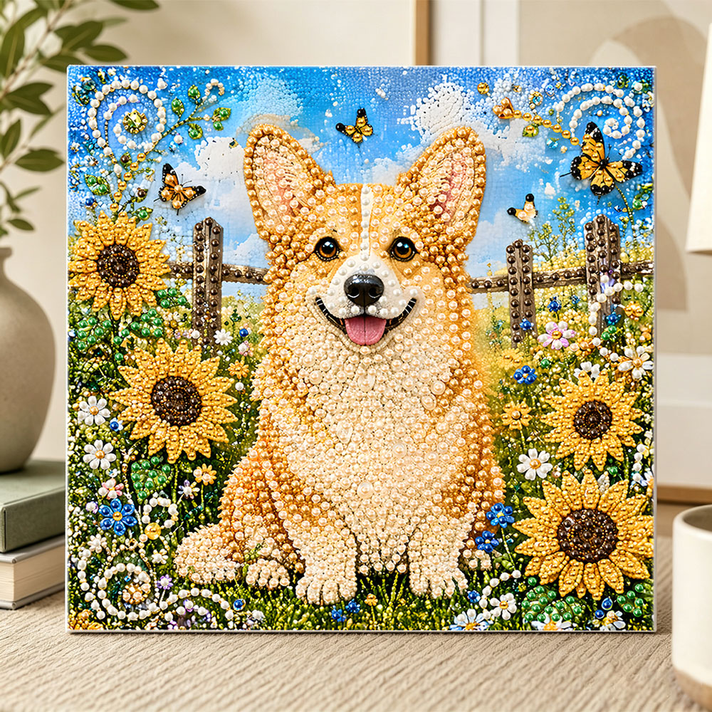 Corgi in sunflower field pearl diamond painting kit for beginners