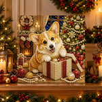 Finished corgi inside gift box pearl diamond painting artwork displayed as holiday home decor
