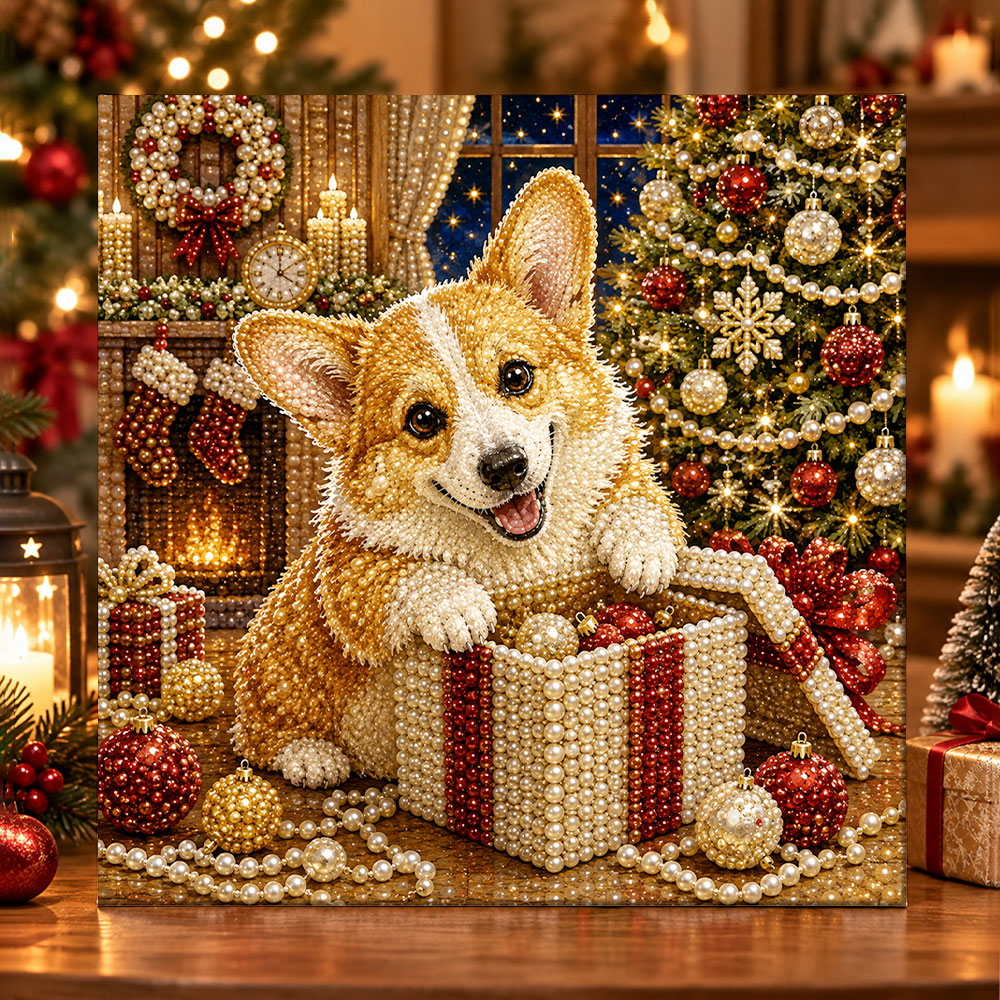 Corgi inside gift box pearl diamond painting kit for beginners