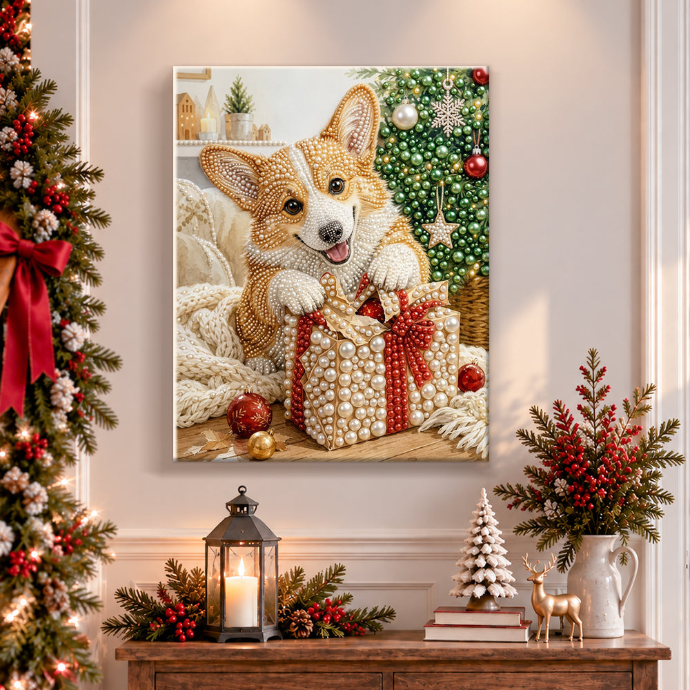 Finished corgi with christmas gift box pearl diamond painting artwork displayed as holiday home decor