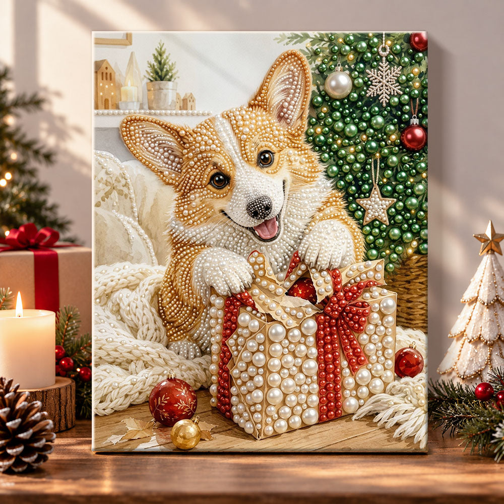 Corgi with christmas gift box pearl diamond painting kit for beginners