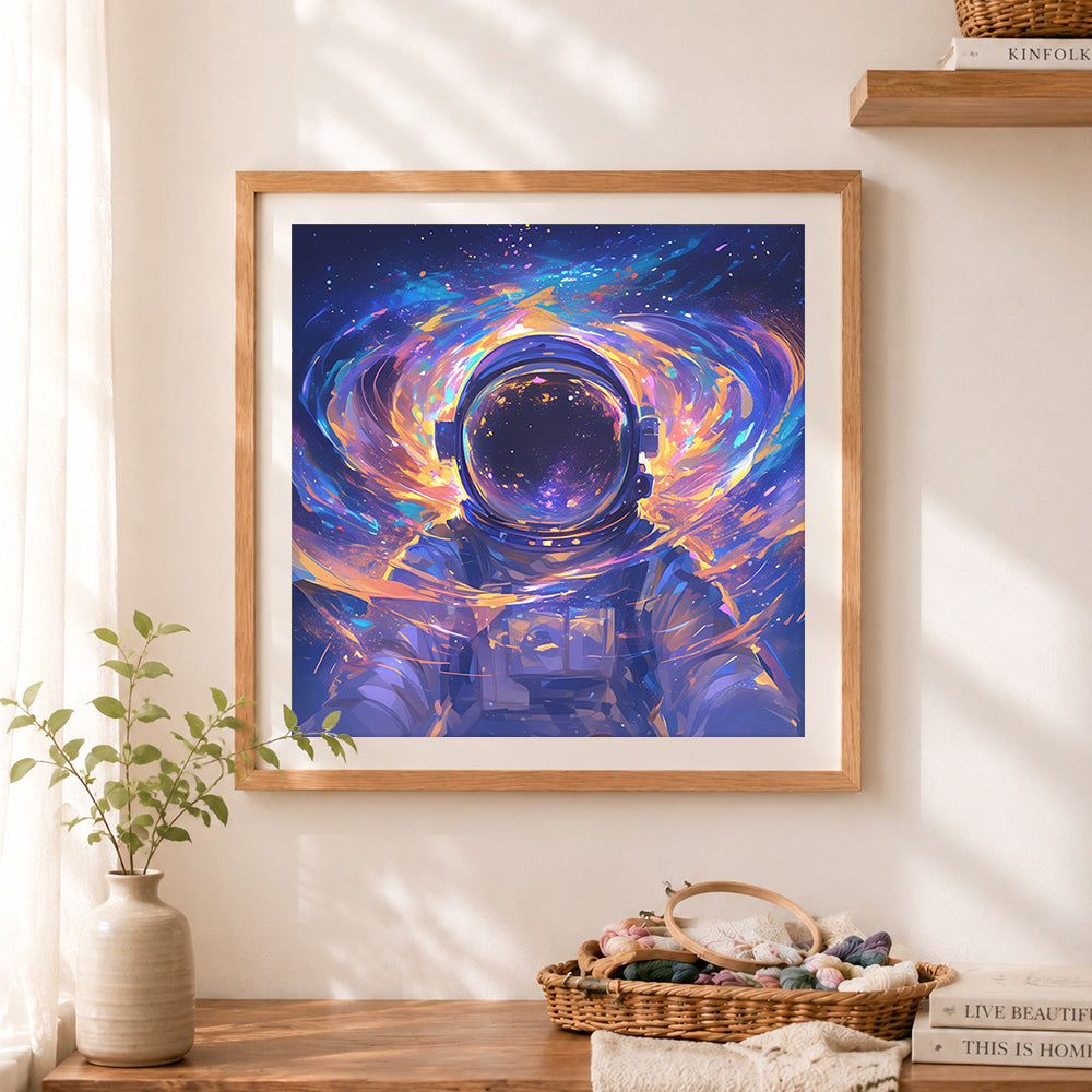 Finished cosmic astronaut cross stitch artwork displayed as home decor