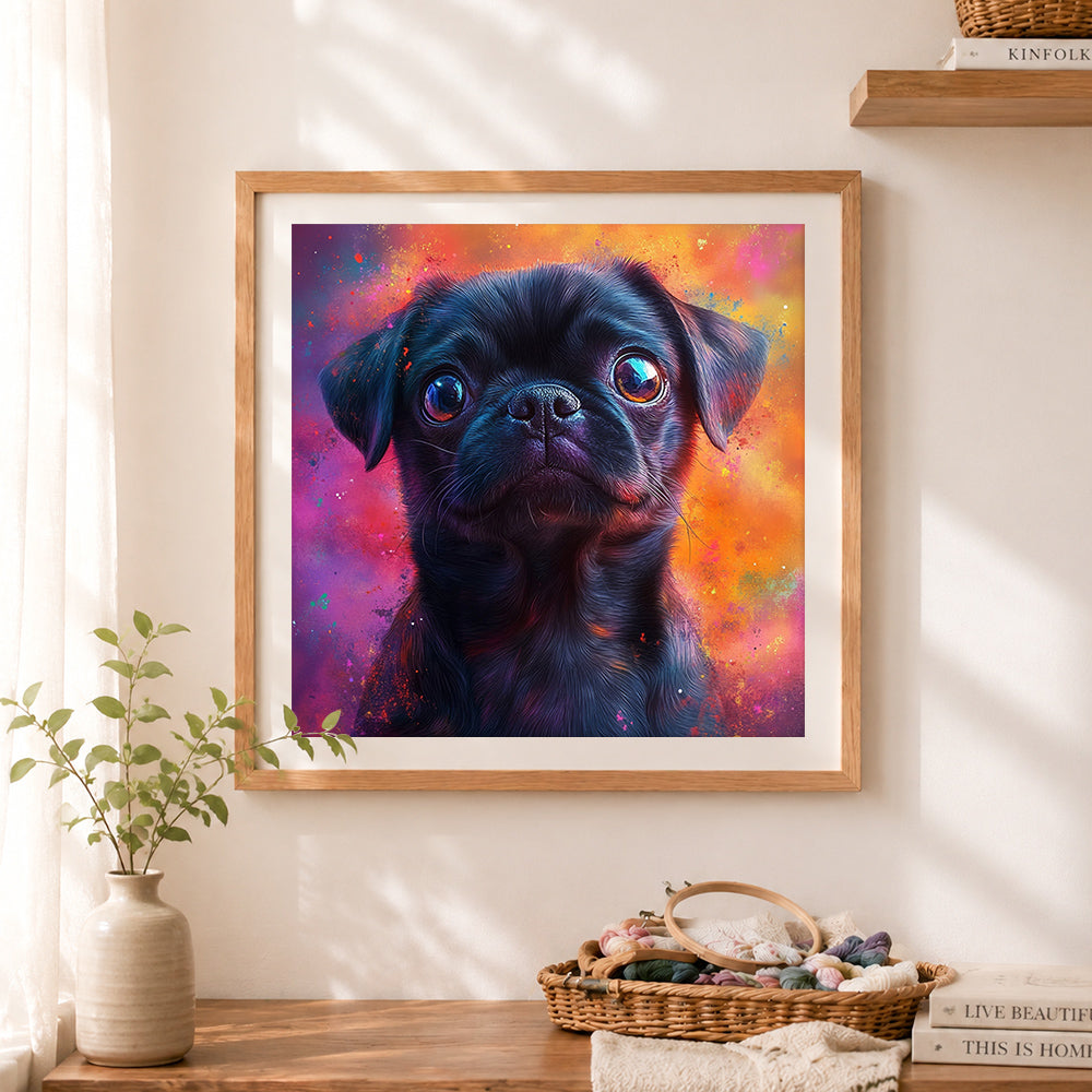 Finished cosmic black pug portrait cross stitch artwork displayed as home decor