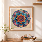 Finished cosmic blue and purple mandala cross stitch artwork displayed as home decor