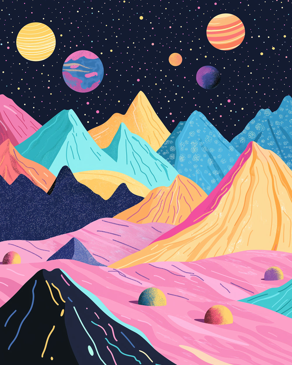 Cosmic colorful mountain range cross stitch kit for beginners
