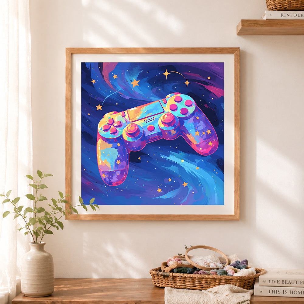 Finished cosmic game controller cross stitch artwork displayed as home decor