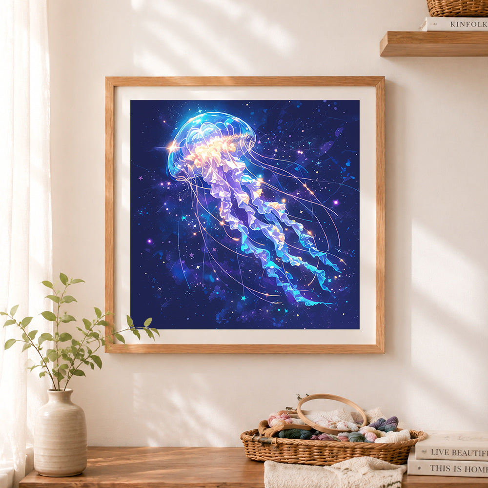 Finished cosmic glowing starry jellyfish cross stitch artwork displayed as home decor
