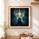 Finished cosmic golden stag cross stitch artwork displayed as home decor