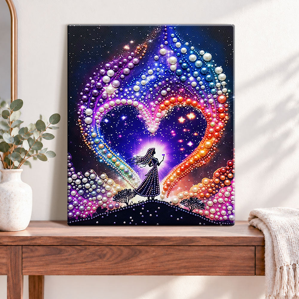 Finished cosmic heart silhouette pearl diamond painting artwork displayed as home decor