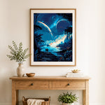 Finished cosmic lakeside scene cross stitch artwork displayed as home decor