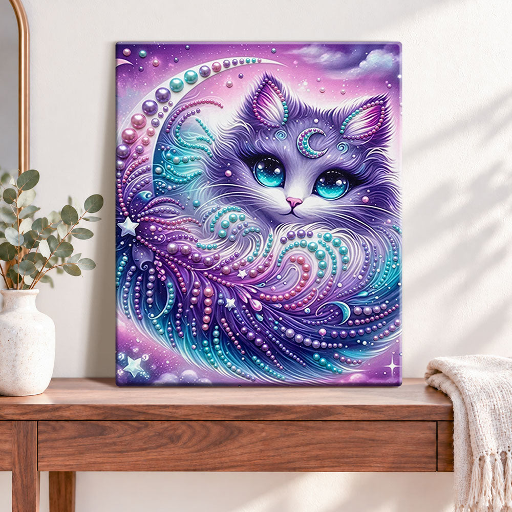 Finished cosmic moon kitty pearl diamond painting artwork displayed as home decor