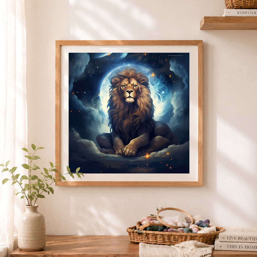 Finished cosmic moon lion cross stitch artwork displayed as home decor