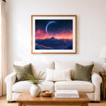 Finished cosmic mountain twilight cross stitch artwork displayed as home decor