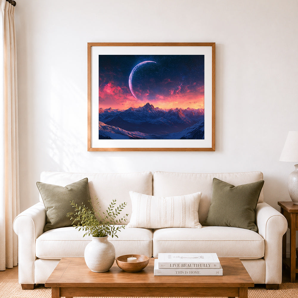 Finished cosmic mountain twilight cross stitch artwork displayed as home decor