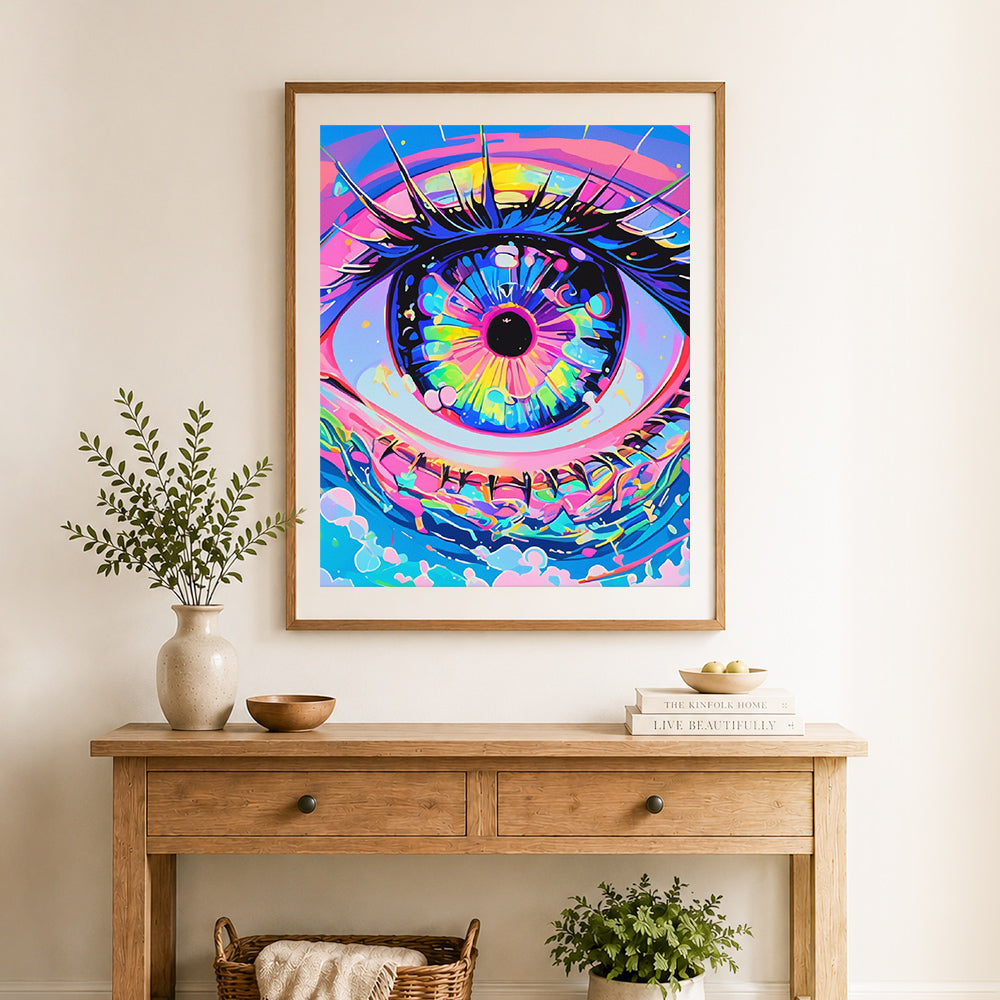 Finished cosmic neon eye cross stitch artwork displayed as home decor