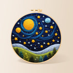 Cosmic planets and starry forest night needle felting kit for beginners with a round wooden frame