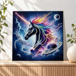 Finished cosmic rainbow unicorn pearl diamond painting artwork displayed as holiday home decor