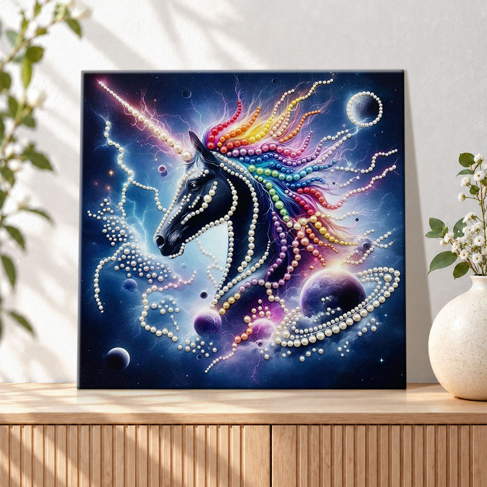 Finished cosmic rainbow unicorn pearl diamond painting artwork displayed as holiday home decor