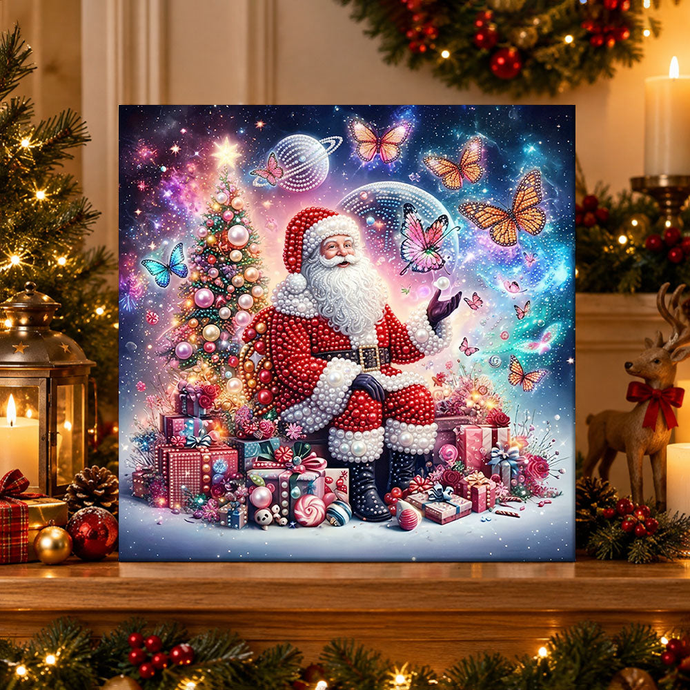 Finished cosmic santa with butterflies pearl diamond painting artwork displayed as holiday home decor