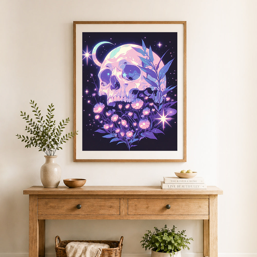 Finished cosmic skull with blooms cross stitch artwork displayed as home decor