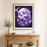 Finished cosmic skull with blooms cross stitch artwork displayed as home decor