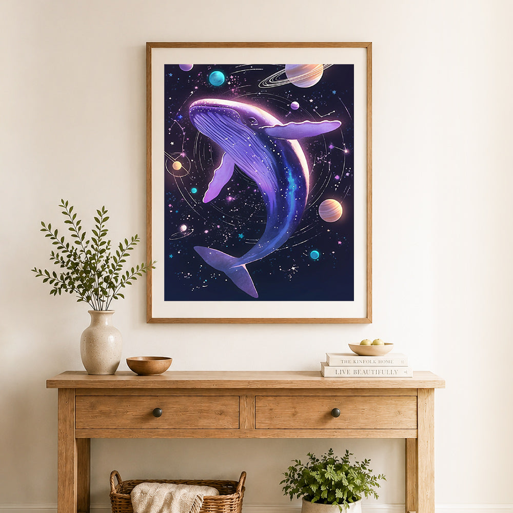 Finished cosmic space whale cross stitch artwork displayed as home decor