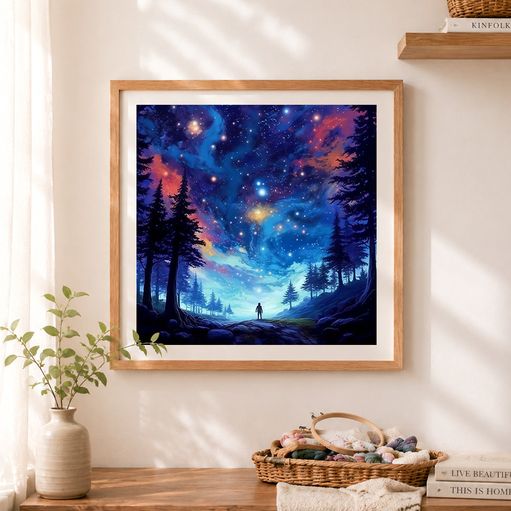 Finished cosmic starry mountain wilderness cross stitch artwork displayed as home decor