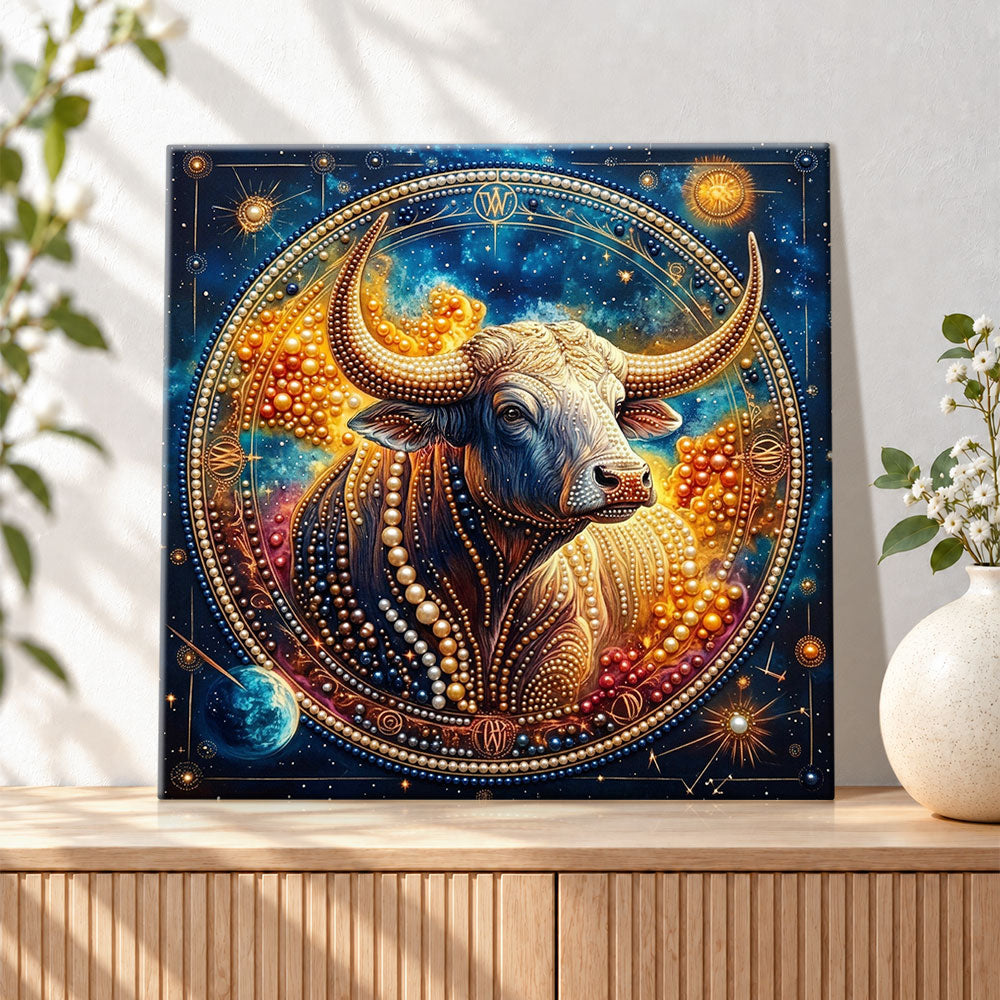 Finished cosmic taurus spirit pearl diamond painting artwork displayed as holiday home decor