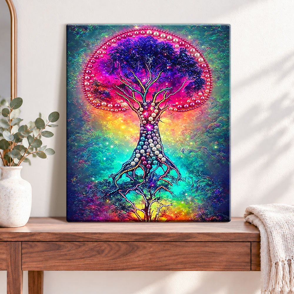 Finished cosmic tree of life pearl diamond painting artwork displayed as home decor