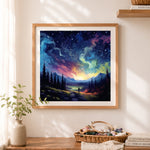 Finished cosmic wanderer under the swirling nebula cross stitch artwork displayed as home decor