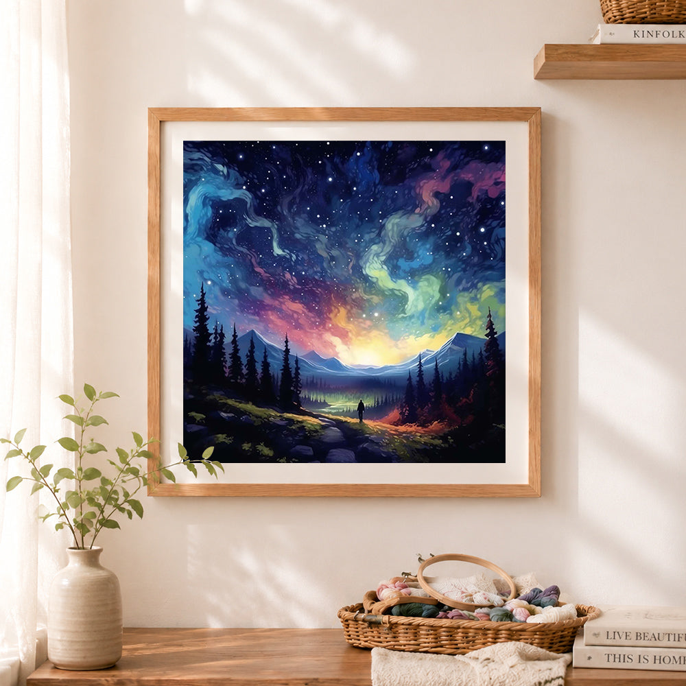 Finished cosmic wanderer under the swirling nebula cross stitch artwork displayed as home decor
