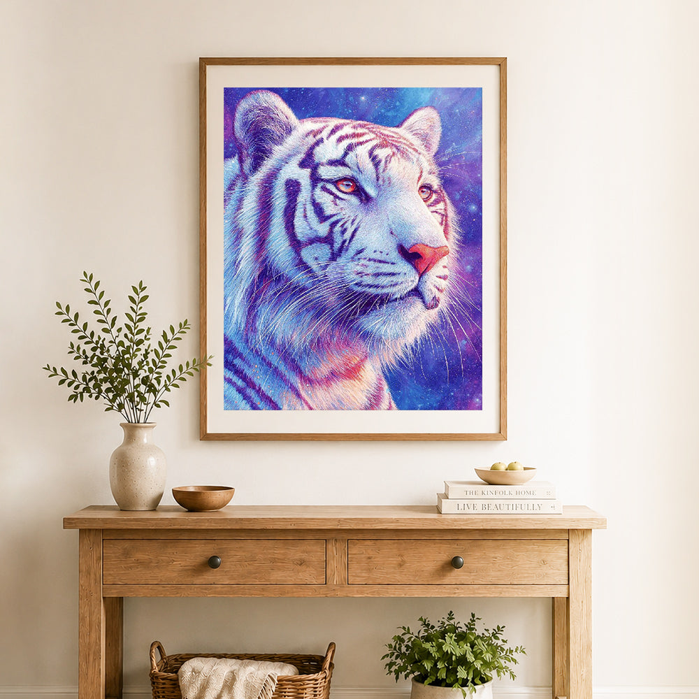 Finished cosmic white tiger cross stitch artwork displayed as home decor