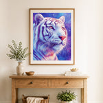 Finished cosmic white tiger cross stitch artwork displayed as home decor