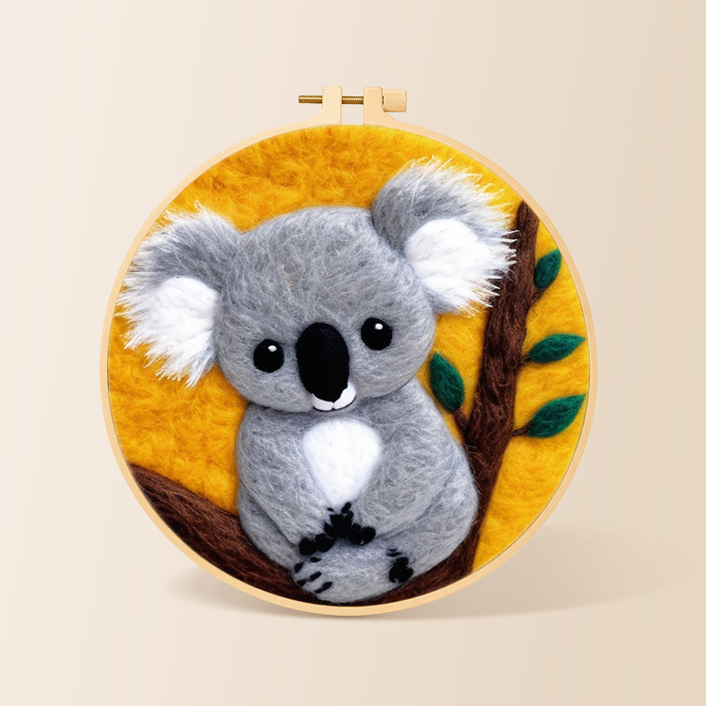 Cosy gray koala needle felting kit for beginners with a round wooden frame