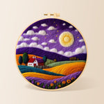 Cottage under the mystical purple night needle felting kit for beginners with a round wooden frame