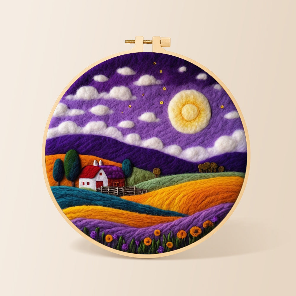 Cottage under the mystical purple night needle felting kit for beginners with a round wooden frame