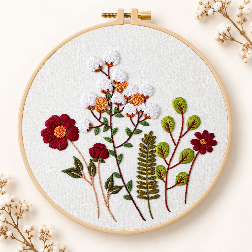 Cotton and burgundy flower arrangement embroidery kit