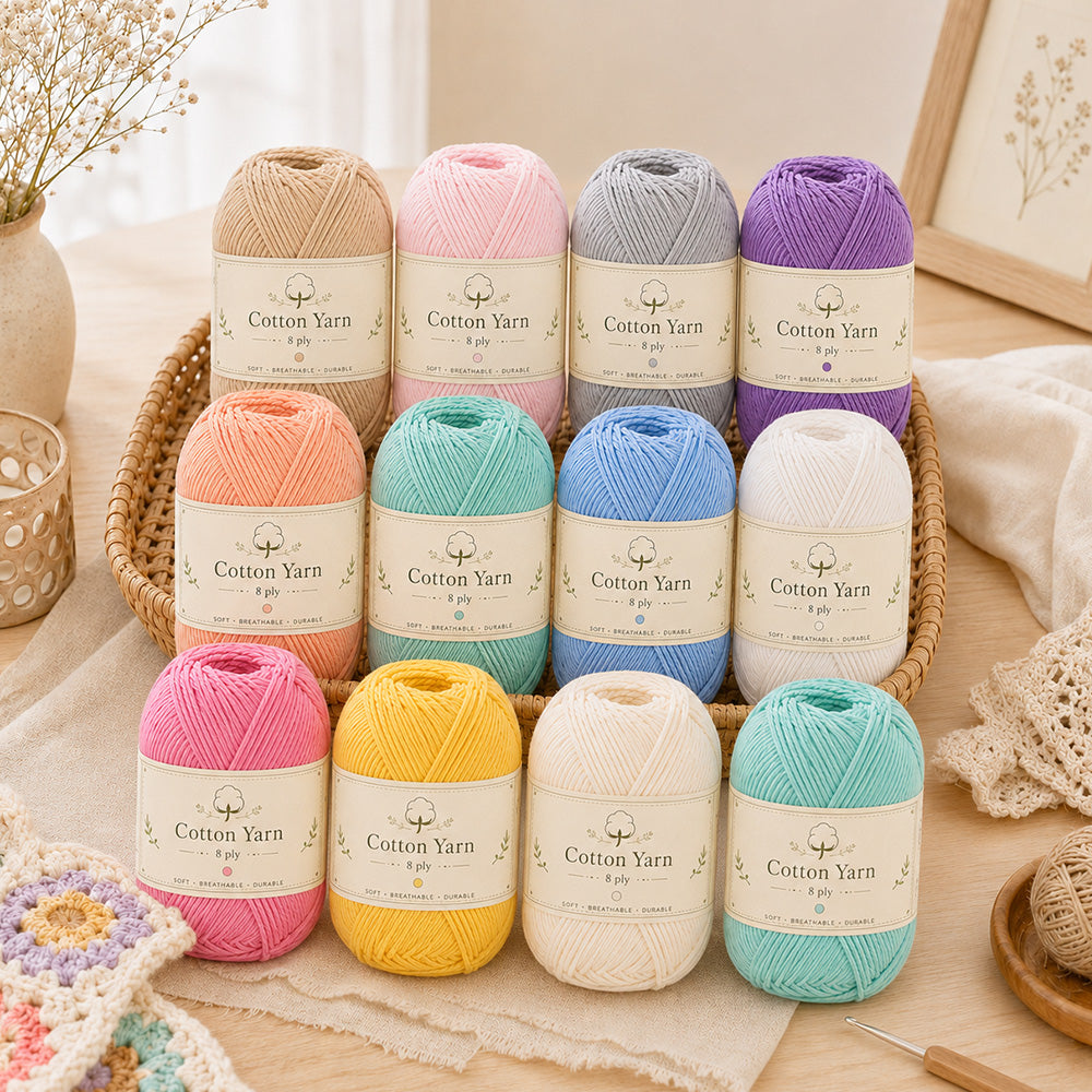 12 Colors cotton yarn set displayed in a warm craft room setting