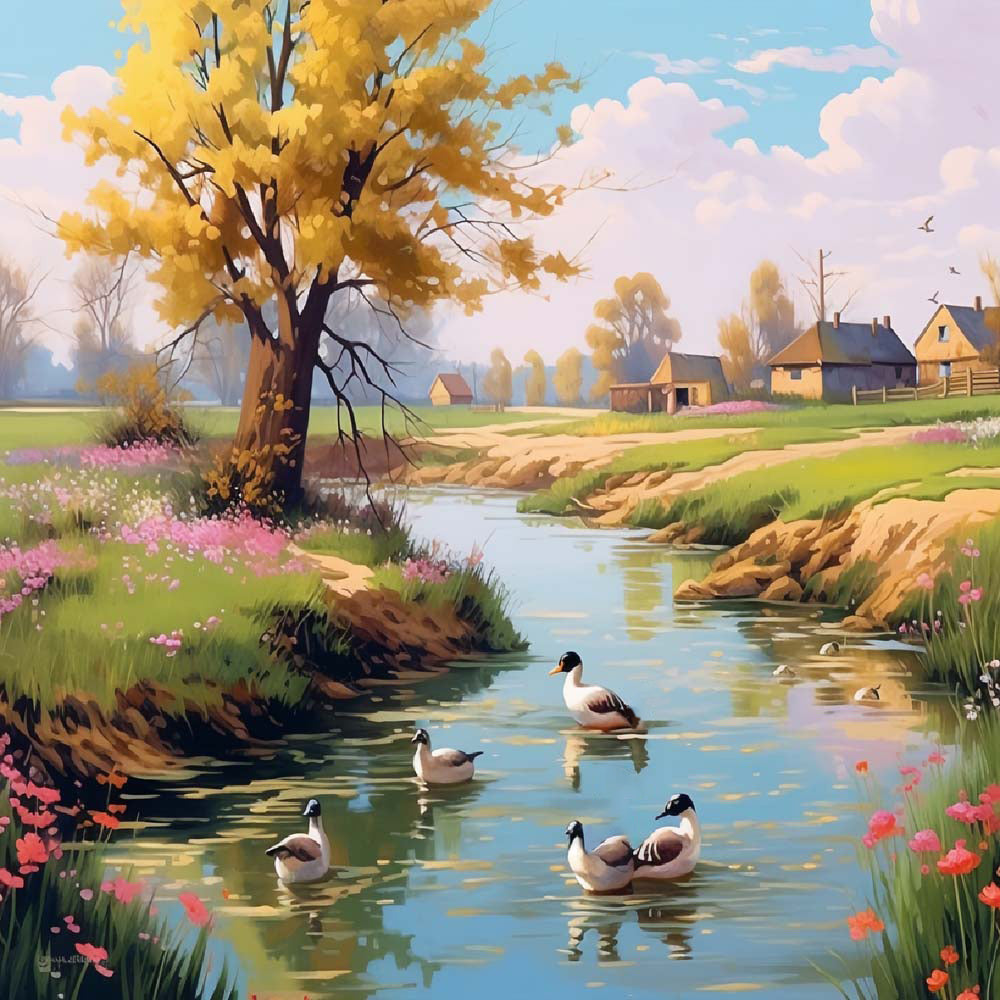 Country creek with ducks cross stitch kit for beginners